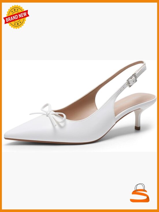 Shoes - Slingback Kitten Heels, Pointed Toe 2.17 Inch Low Bow Dress Pumps